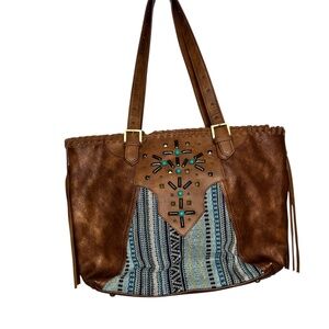 Catchfly tote bag with  handle w/studs & tribal inspired panel turquoise & brown
